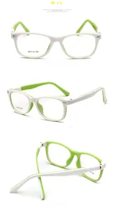 Three views showing dual-color white and green small frame glasses with 48-15-135 size specs