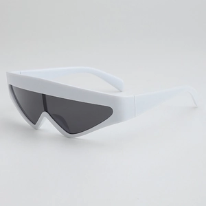 White wide-frame geometric sunglasses with Y2K futuristic style and dark grey lenses