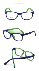 Detailed views of dual-tone blue and green kids' eyeglasses frame with 48-15-135 size specs