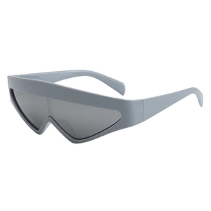 Futuristic shield sunglasses with matte light blue frame and oversized dark grey lens