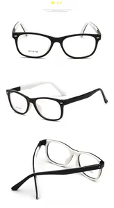 Detailed views of black and white full-rim glasses frame with size specifications