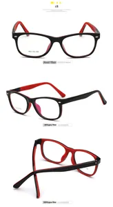 Detailed views of kids' glasses frame in black and red showing specs 48-15-135