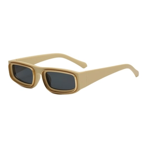 Lunettes de soleil rectangulaires beiges à double monture avec verres noirs et bord or