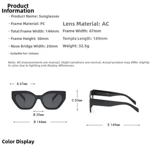 Detailed technical diagram showing 144mm width and PC frame specs for cat-eye sunglasses
