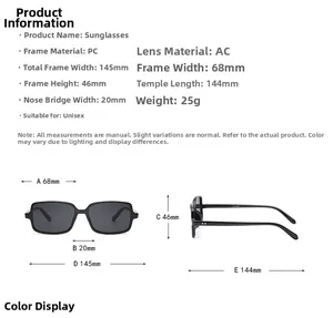 Size guide for unisex square sunglasses showing 145mm width and 144mm temple length