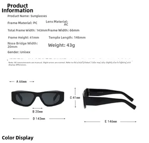 Detailed size chart for polygon frame sunglasses showing dimensions and weight