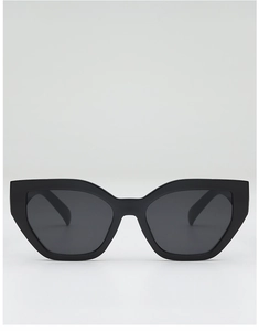 Close-up of stylish cat-eye sunglasses with thick black frames and dark lenses
