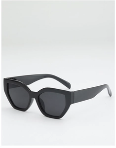 Macro detail of wide black geometric frames and smooth metal hinges on chic cat-eye sunglasses