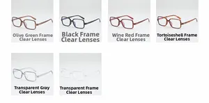 Detailed grid showing square eyewear frames in olive, wine red, tortoise and clear shades