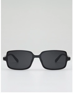 Front view of black square sunglasses with wide frames and dark grey lenses for unisex