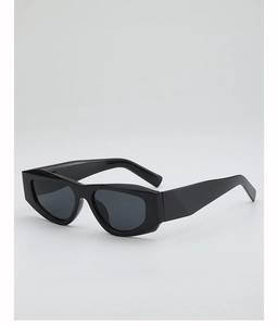 Detailed view of black geometric rectangular sunglasses with high-gloss frame texture