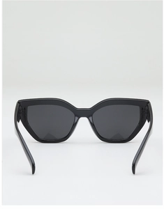 Detail view of cat eye sunglasses with thick black frames and dark grey lenses