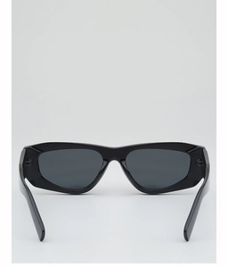 Detail shot of black thick-frame sunglasses with silver double B logo on the temple hinge