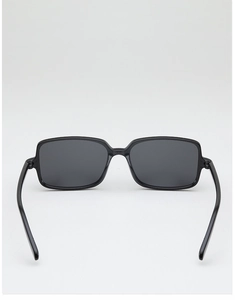 Close-up of polished black square frame sunglasses featuring metallic rivet details