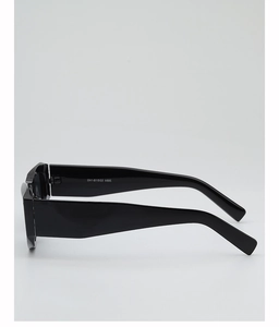 Detail view of thick rectangular black frame sunglasses with temple specification markings