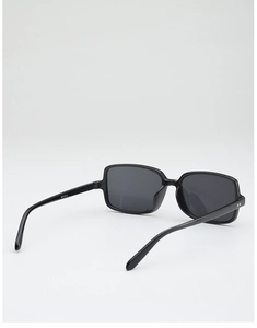 Detail view of glossy black square frame sunglasses with model number WF12113 on temple