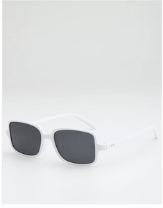 Detail of white square sunglasses with black lenses and rivets for a vintage look