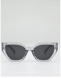 Close-up of modern geometric cat-eye sunglasses with transparent grey acetate frames