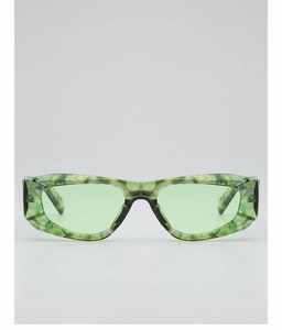 Close-up of polygon sunglasses with green marble pattern frame and tinted lenses