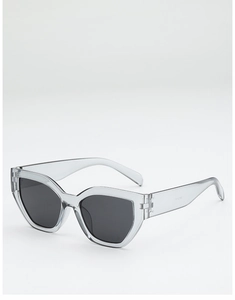 Detailed side view of trendy cat-eye sunglasses with transparent grey frame and dark lenses