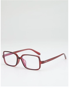 Detail view of burgundy rectangular full-rim glasses with anti-blue light coating