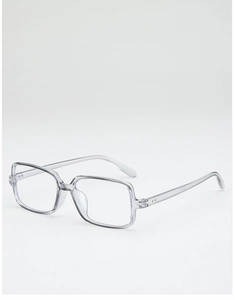 Detail view of transparent square glasses with reinforced metal hinges and anti-slip tips