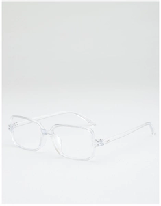 Detailed view of rectangular transparent eyeglasses frame with visible metal hinges