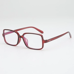 Modern rectangular wine red eyewear frames with silver rivet accents and blue light lenses