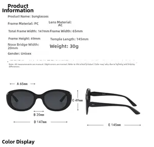 Tableau des tailles détaillé pour lunettes de soleil ovales en PC avec dimensions précises