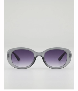 Vue frontale de lunettes de soleil ovales avec monture grise et verres dégradés violets