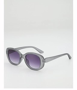 Détail de lunettes de soleil ovales gris translucide avec verres dégradés violets et points