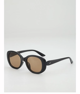 Vue détaillée des lunettes de soleil ovales noires avec des accents argentés sur la monture