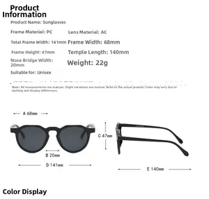Detailed sizing chart for unisex round frame sunglasses with PC frame and AC lens