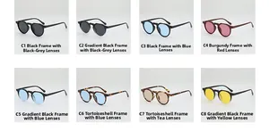 Grid view of 8 vintage round sunglasses in various frame colors and gradient lenses