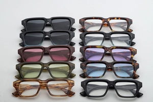 Detailed collection of vintage square eyewear frames with metal rivets in various colors