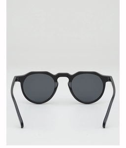 Detail view of black round frame sunglasses with gradient grey lenses and geometric lines