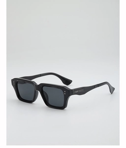Detail of square black thick frame sunglasses with decorative metal rivet accents