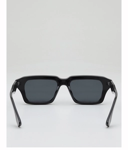 Detailed back view of thick black square sunglasses frame showing hinge and temple structure