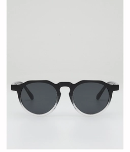 Front view detail of round frame sunglasses with black to clear gradient finish