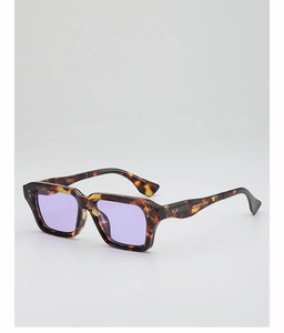 Detailed side view of vintage tortoise square frame sunglasses with purple lenses