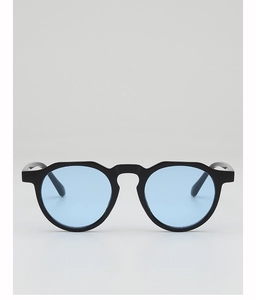 Close-up of retro Boston style sunglasses with black frames and light blue lenses