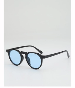 Detailed side view of vintage round frame sunglasses with light blue gradient lenses
