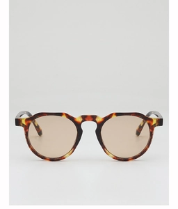 Front detail of retro round tortoiseshell frame sunglasses with light tea lenses
