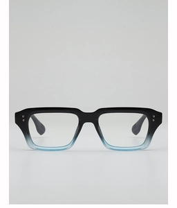 Detail of square glasses frame with black to blue gradient and silver metal rivets