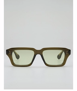 Detailed front view of olive green rectangle sunglasses with silver stud accents