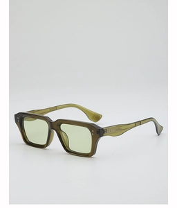 Detail view of translucent olive green thick square frames and metal rivet accents