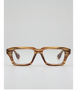 Detailed close-up of retro flat top square eyewear with a textured wood grain brown frame
