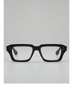 Close-up of black square thick frame glasses with silver double rivet decorations