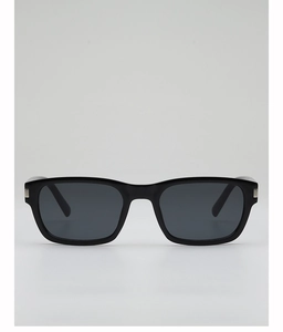 Detail of silver hinge hardware on retro olive green square sunglasses with dark lenses