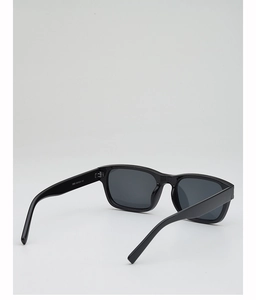 Detailed view of black square sunglasses with specifications printed on the inner temple